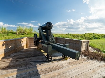 Cannon facing the Gulf at Historic Fort Morgan site in Gulf Shores.
