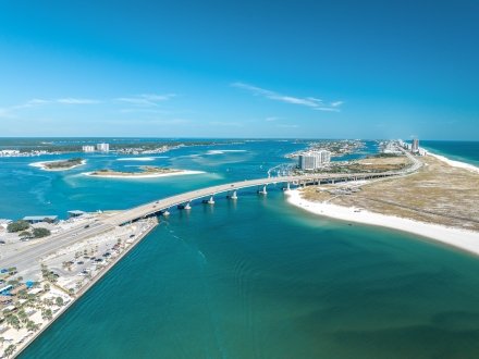 Drone view of the Perdido Pass Bridge on Alabama's Beaches