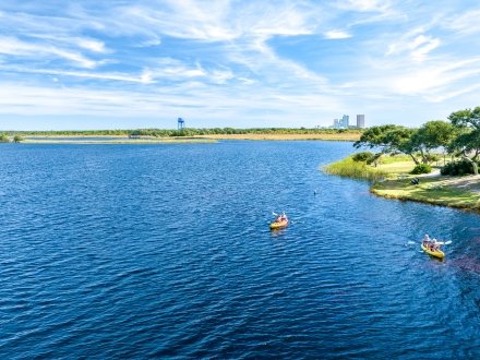 aerial view of kayakers on Lake Shelby in Gulf State Park