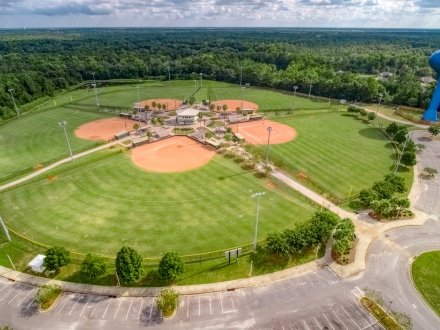 Aerial view of baseball and softball fields at the Gulf Shores Sportsplex
