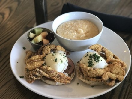 Soft shell crab Benedict Brick & Spoon breakfast restaurant in Orange Beach