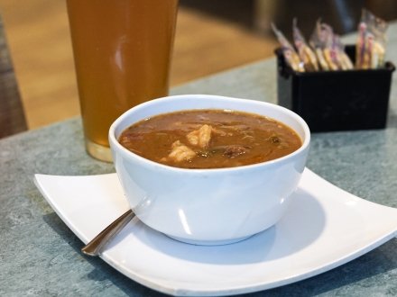 A bowl of gumbo on a table at Pier House restaurant in Orange Beach