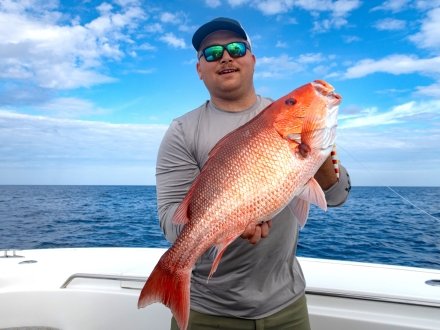 Angler holding a red snapper caught on an offshore fishing in Orange Beach