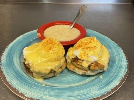 Crab cake eggs Benedict from Kitty's Kafe breakfast restaurant in Gulf Shores