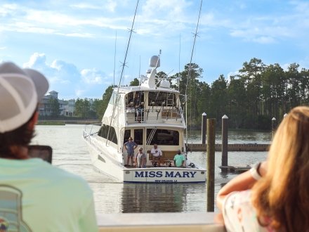 Boat leaving The Wharf Marina during the Blue Marlin Grand Championship