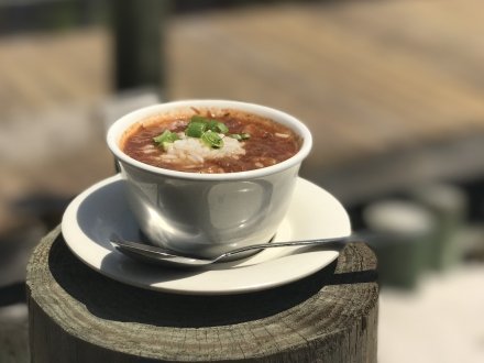A bowl of gumbo from Wolf Bay Lodge restaurant in Orange Beach
