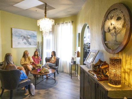 Friends in the lobby of the Serenity at The Beach Salon & Spa in Orange Beach