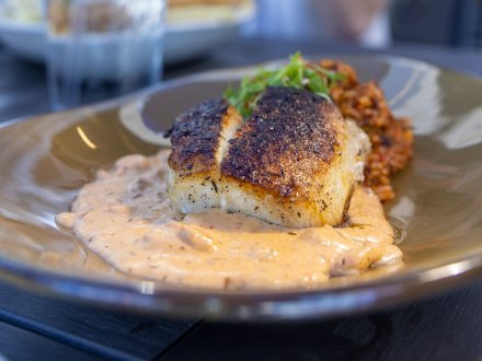 Blackened cobia at Zeke's waterfront seafood restaurant in Orange Beach