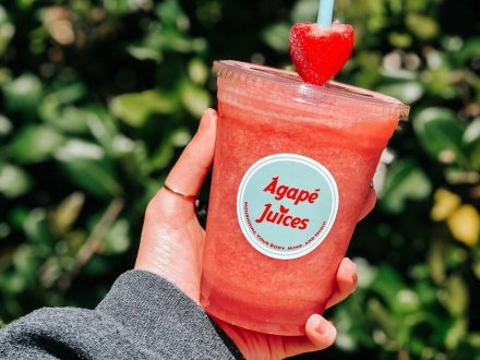 Strawberry smoothie at Agape Juices, Gulf Shores vegan restaurant