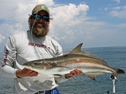 Angler holding a cobia caught while fishing on a charter boat in Orange Beach