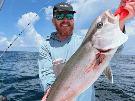 Angler holding up an amberjack caught while fall fishing in Orange Beach
