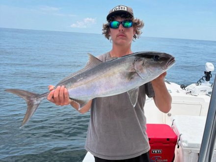 Angler holding up an ambejack caught on an offshore fishing charter in Orange Beach