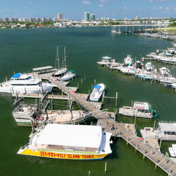 Aerial view of boats docked at a marina in Orange Beach