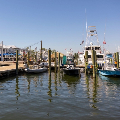 boats, yachts, and watercraft docked at Zeke's Marina in Orange Beach