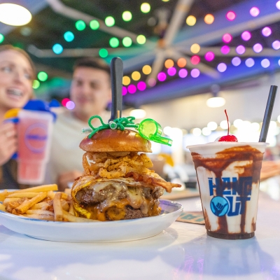 Lifeguard burger and bushwacker at The Hangout beach restaurant in Gulf Shores