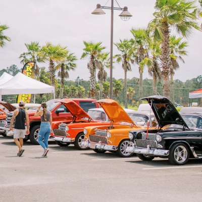 Cars lined up at The Wharf for Bama Coast Cruisin' Car Show in Orange Beach