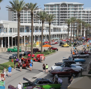 Aerial view of classic cars at Bama Coast Cruisin' car show at The Wharf