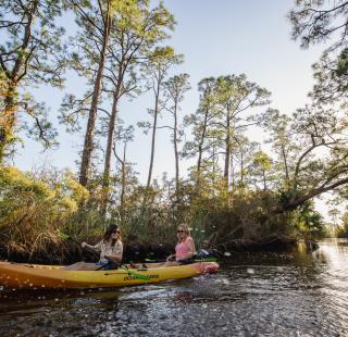Friends kayaking along the calm back bays of Orange Beach 
