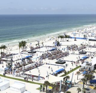 Aerial view of the NCAA Beach Volleyball Championship in Gulf Shores