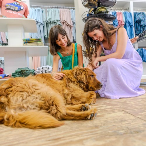 Girls petting a dog in Shades Sunglasses & Apparel at The Wharf